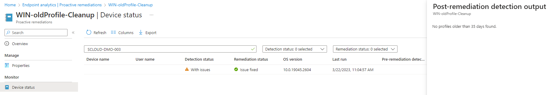 Proactive Remediation detection and remediation output details